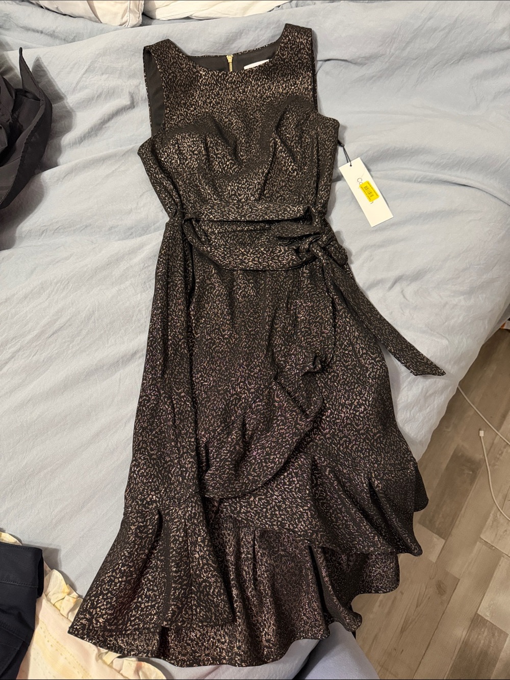 Calvin Klein Black Metallic Jacquard Midi Dress with Waist Tie